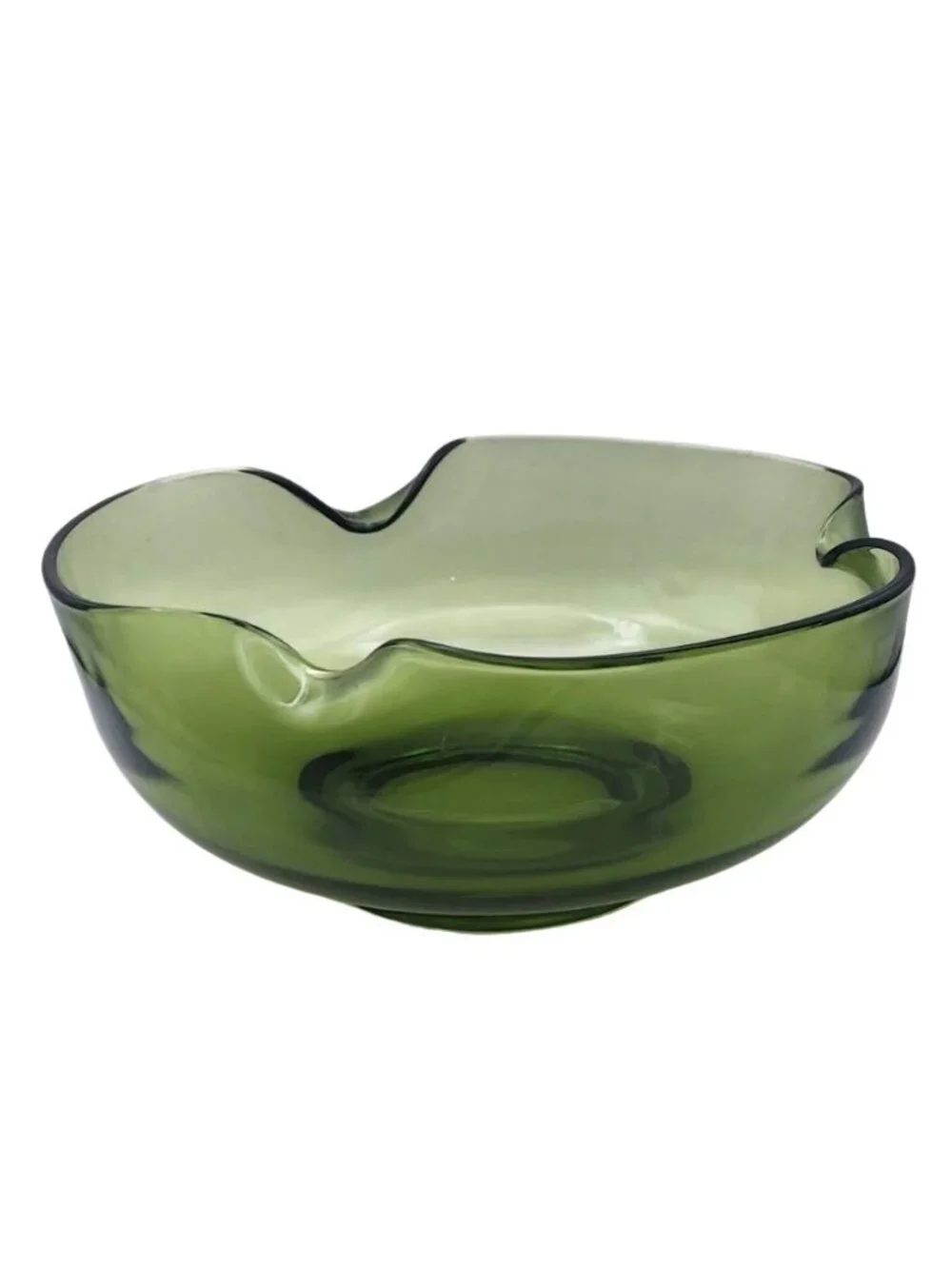Anchor Hocking Avocado Green Pinched Glass Chip Popcorn Serving Bowl Vintage MCM